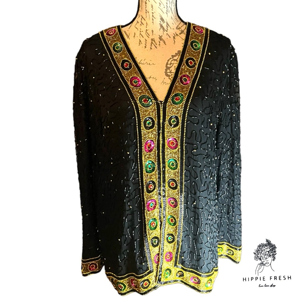 VINTAGE Laurence Kazar 100% Silk Black Beaded Bedazzled Evening Jacket Size XL